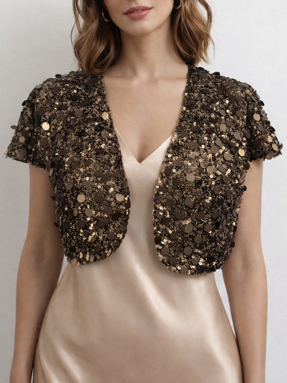 Vintage Betsey Johnson Gold Bronze Sequins Cropped Bolero Y2K Jacket Size Large